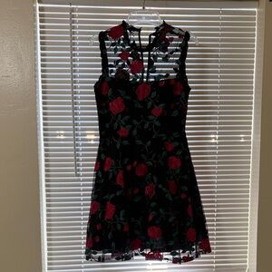 City Studio Black Mini Dress with Magenta Rose Embroidery